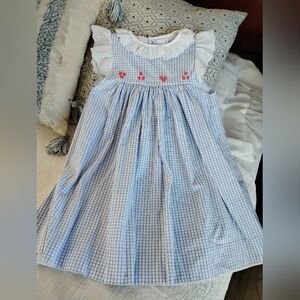 Blue Checkered Kids Dress with White Lace